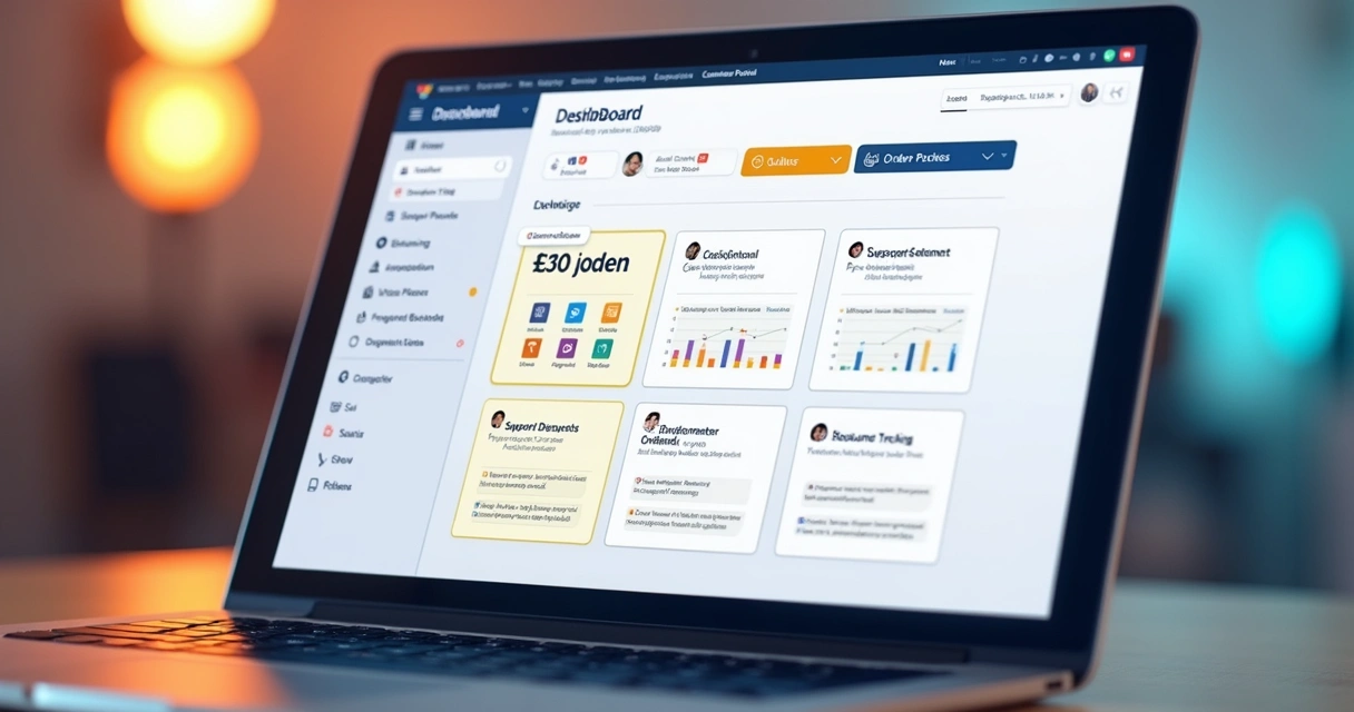 Painel de funcionalidades de portal do cliente exibindo opções em tela de notebook 