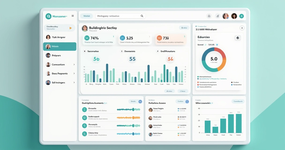 Painel digital com tarefas condominiais e indicadores financeiros lado a lado.