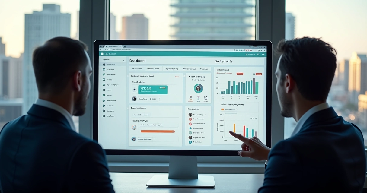 Painel de site com várias funcionalidades e gráficos de desempenho no computador 