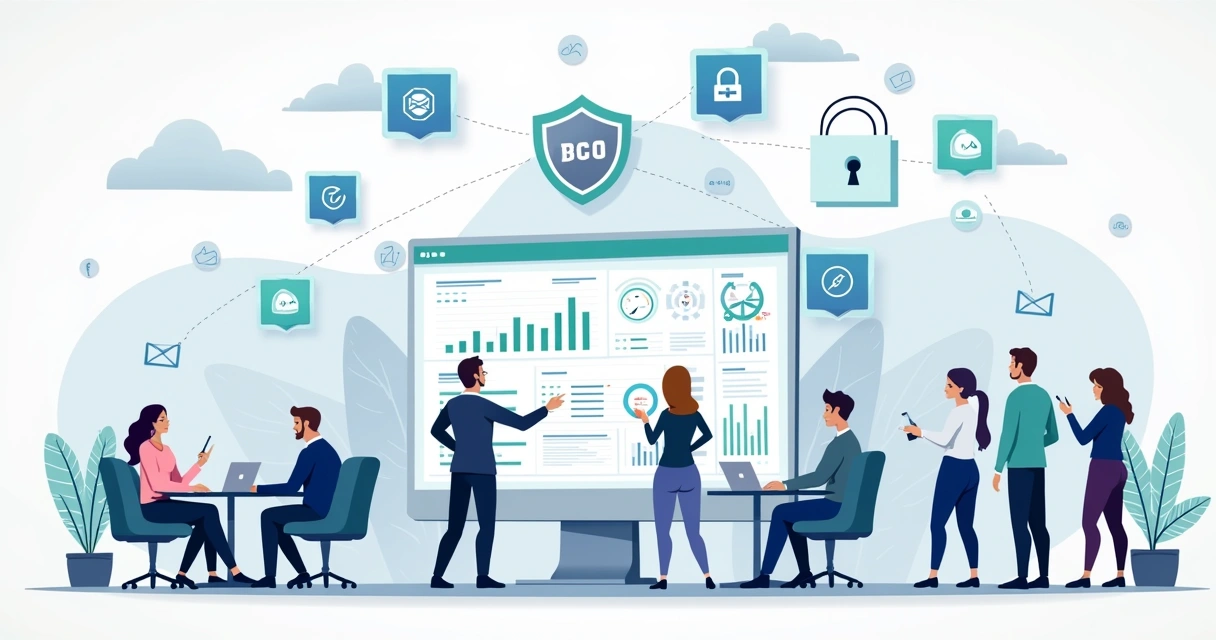 Ambiente de escritório moderno com equipe discutindo o painel do SquadBI, mostrando segurança de dados e recursos de automação.