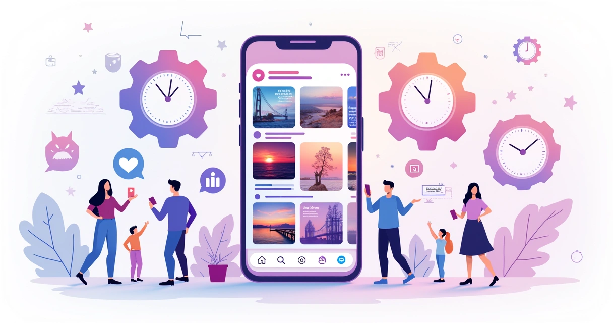 Imagem descritiva do funcionamento do algoritmo do Instagram, com feed digital e interações de usuários.