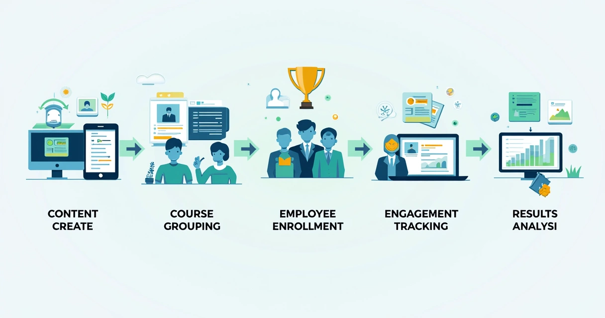 Fluxo visual de criação e acompanhamento de cursos em plataforma LMS