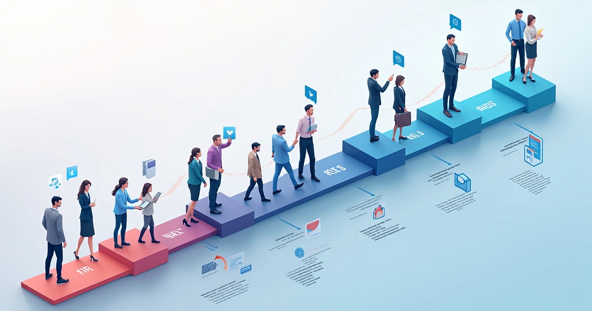 Esquema visual de uma trilha de desenvolvimento, com colaboradores em etapas diferentes, ícones de progresso e certificados digitais 