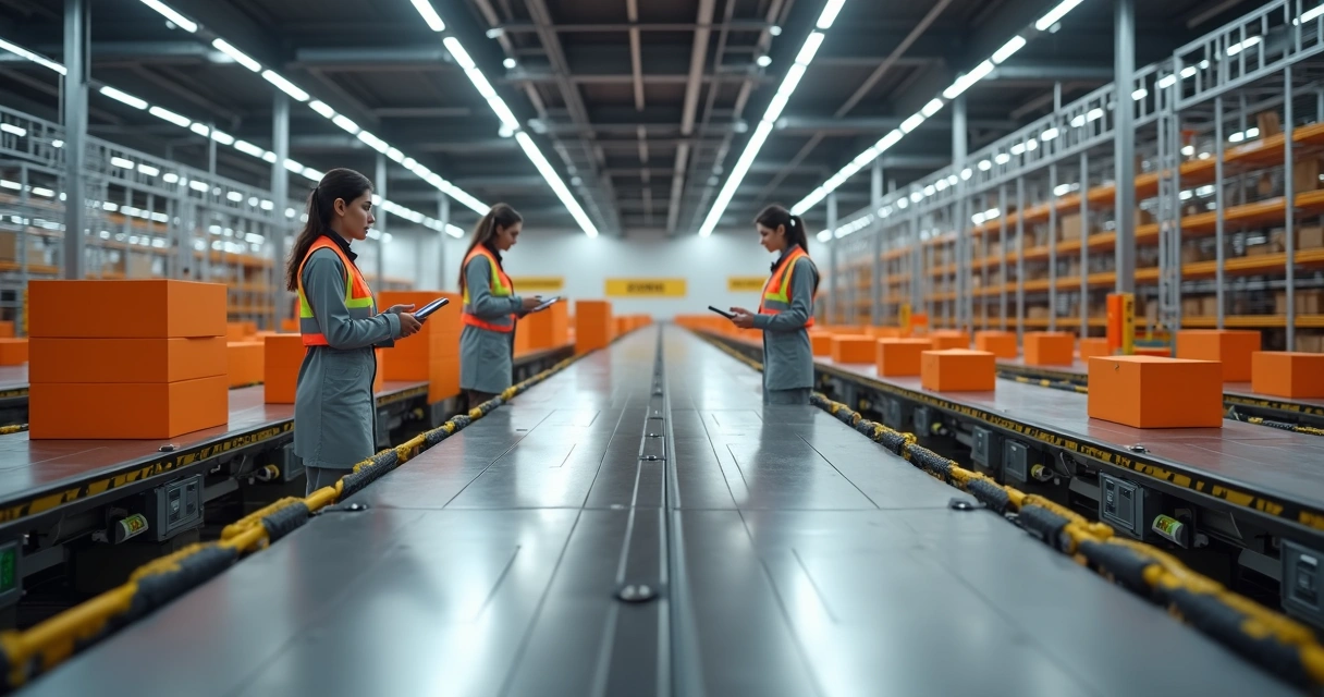 Trabalhadoras organizam pacotes em centro de distribuição automatizado da Shopee 