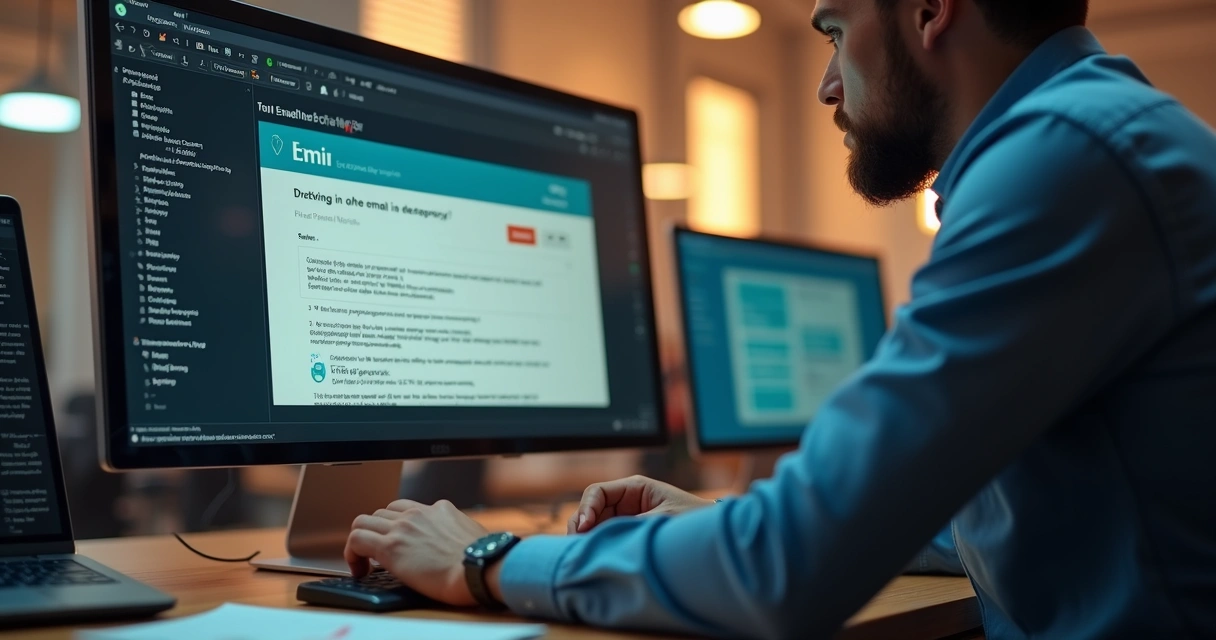 Funcionário corporativo abrindo e-mail suspeito em computador do trabalho 