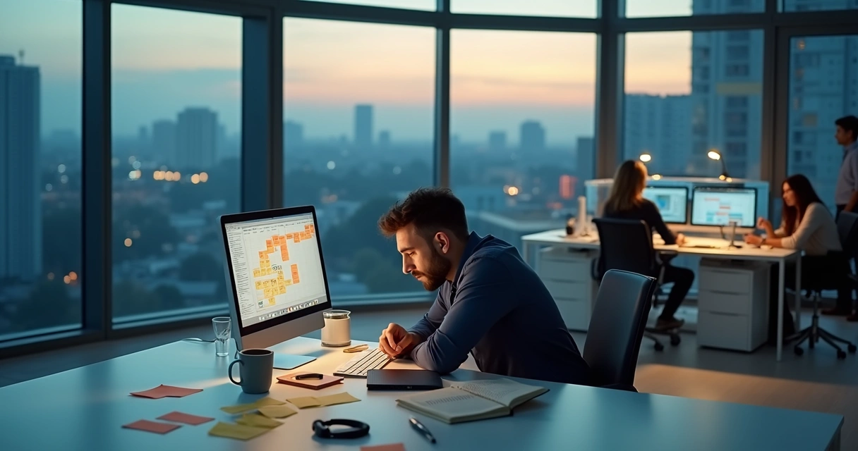 Profissional exausto encostado na mesa de trabalho em escritório moderno 