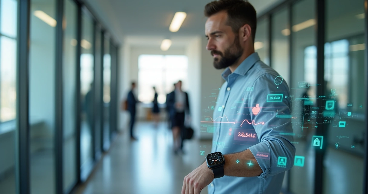 Trabalhador em ambiente corporativo usando relógio inteligente com gráficos de sinais vitais na tela 