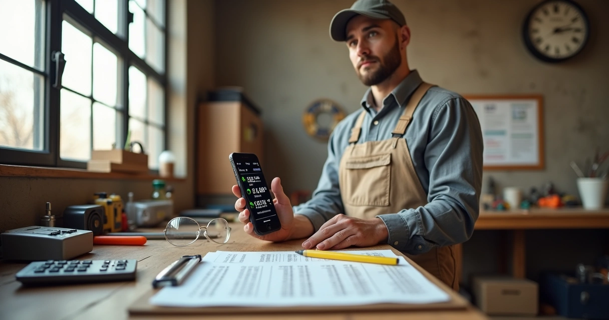 Trabalhador horista em bancada marcando horas em aplicativo de ponto no celular 