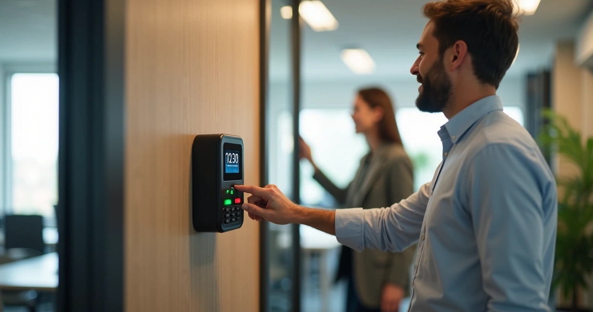 Funcionário de camisa social marcando ponto eletrônico com leitor biométrico na parede 