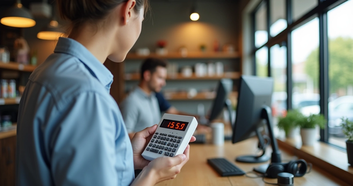 Funcionário marcando ponto eletrônico em pequeno comércio 