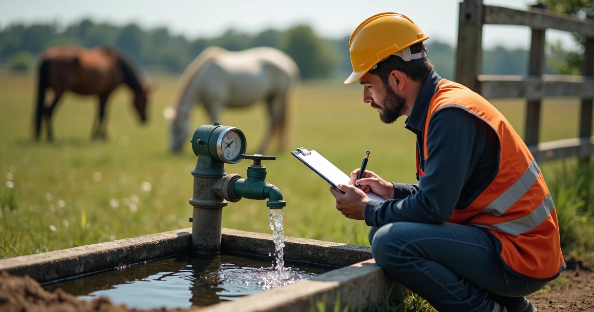 Funcionário lendo hidrômetro próximo a bebedouro de cavalos 