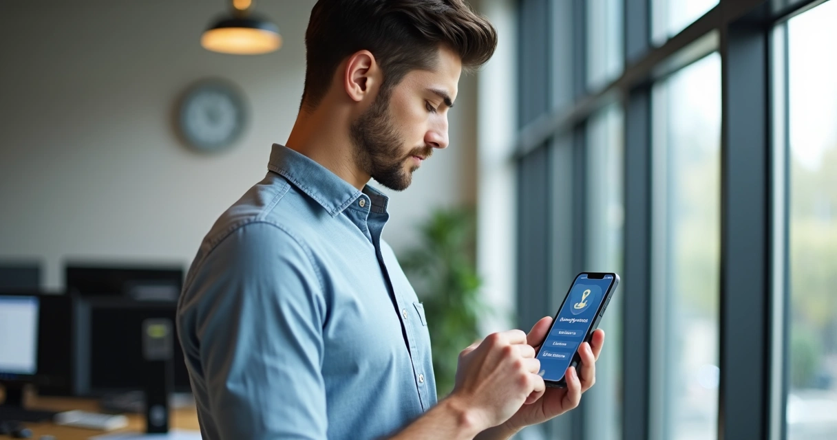 Funcionário de uniforme marcando ponto em aplicativo no celular, com escritório ao fundo 