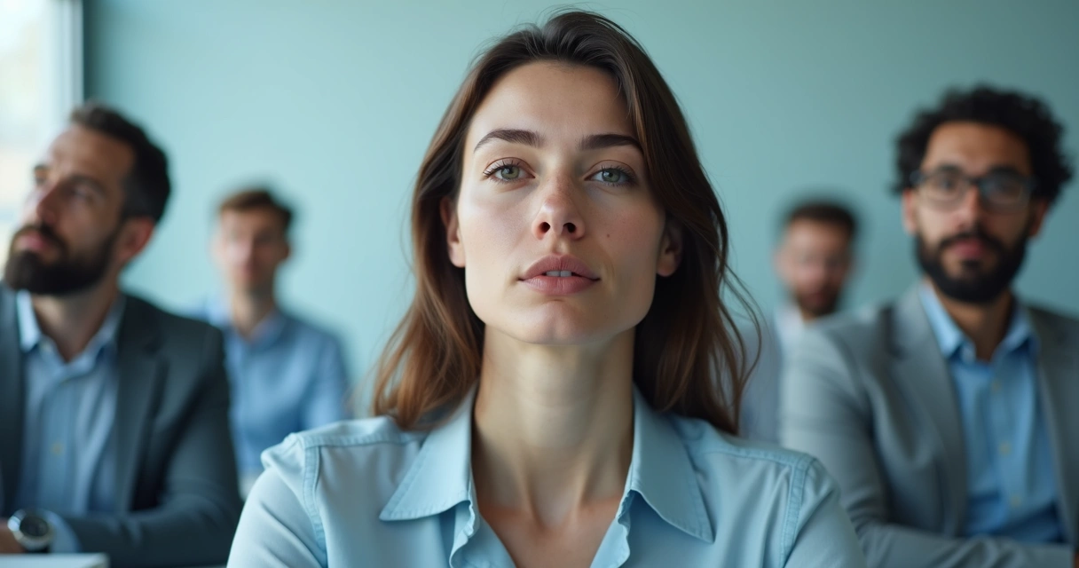 Pessoa serena em reunião, transmitindo calma em meio a colegas tensos. 