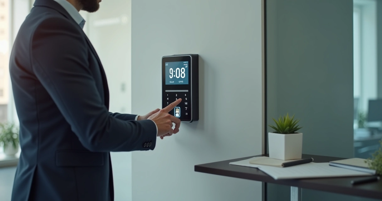 Funcionário registrando ponto eletrônico em equipamento digital