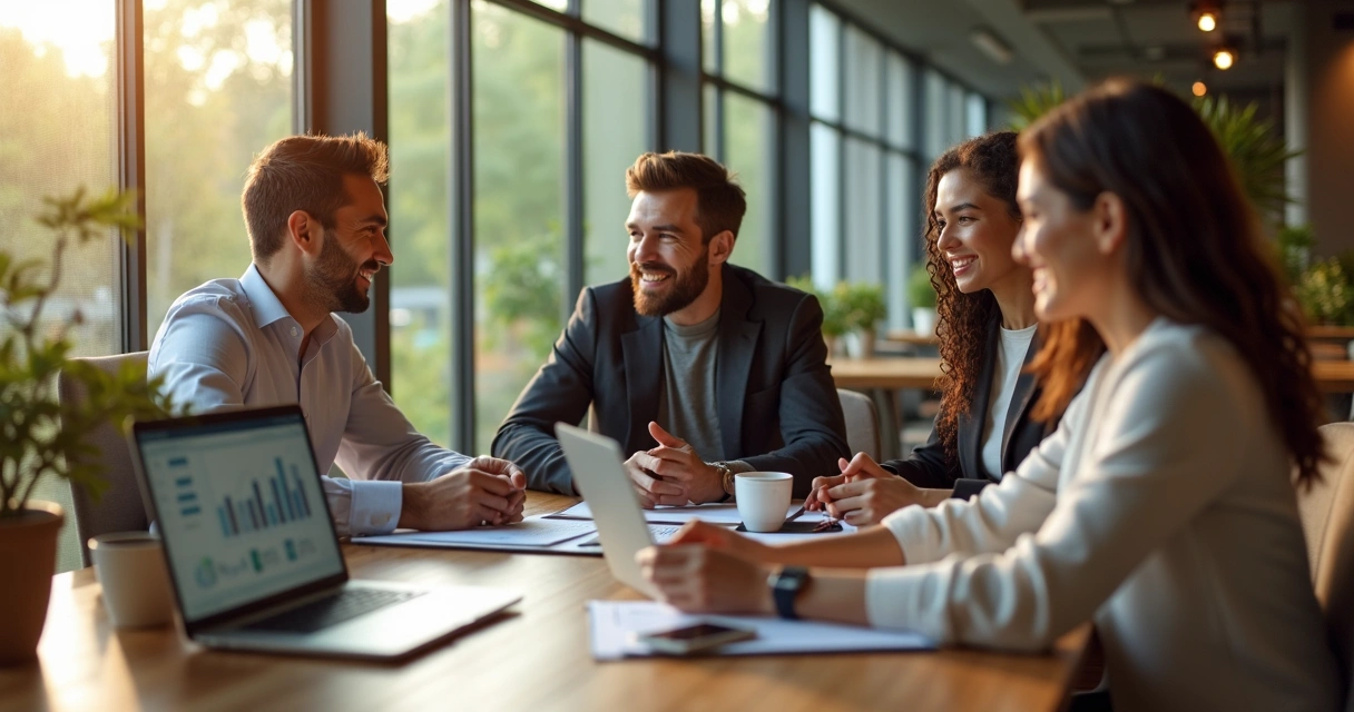 Funcionários em ambiente corporativo moderno aproveitando um momento de descontração e bem-estar durante pausa no trabalho 
