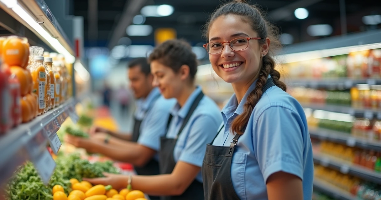 Funcionários jovens geração Z trabalhando em supermercado 