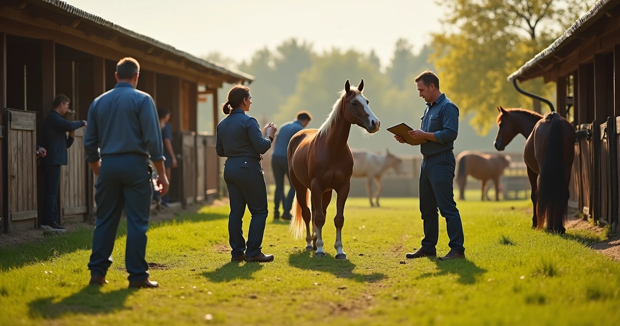 Equipe de funcionários cuidando de cavalos em haras 