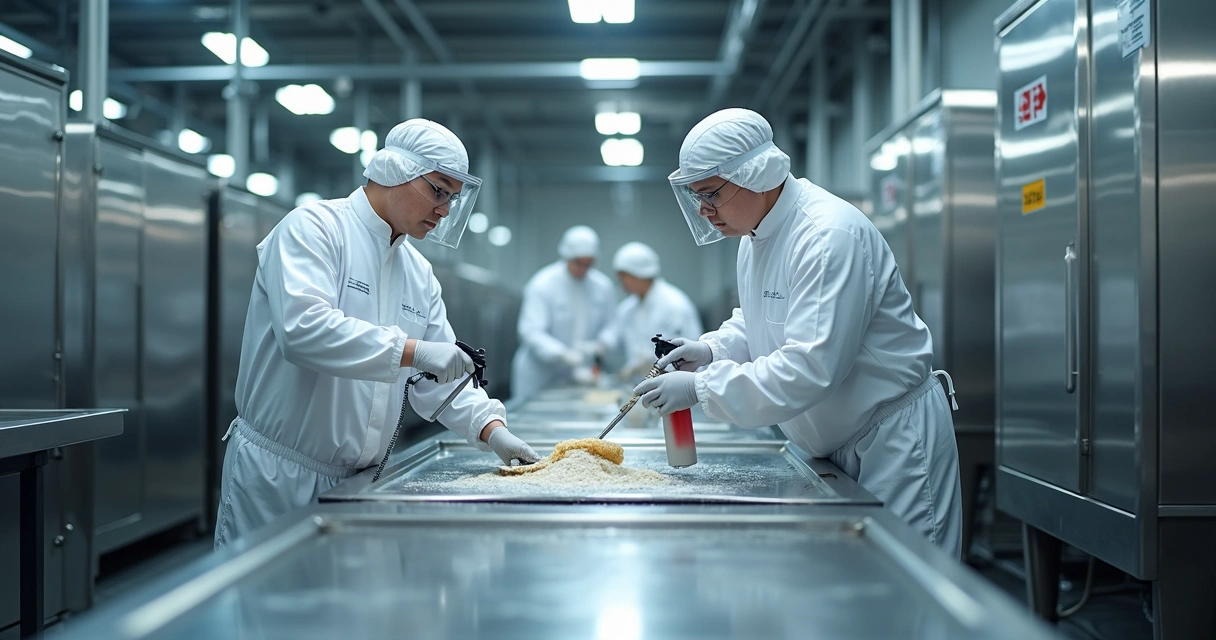 Trabalhadores fazendo higienização em equipamentos industriais de alimentos 