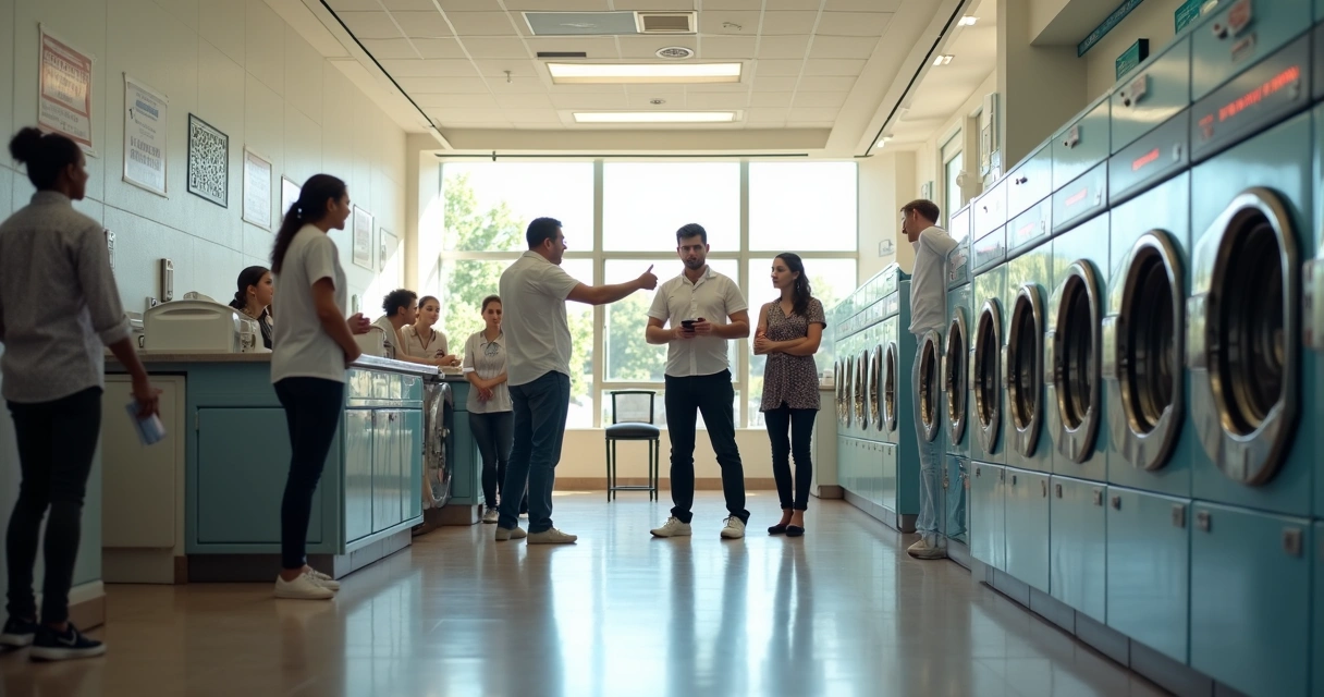 Funcionários orientando clientes em lavanderia de autoatendimento 