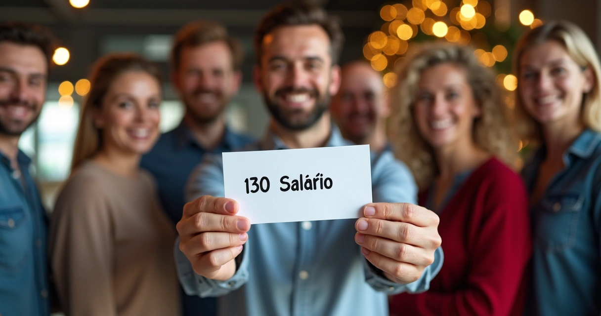 Trabalhadores felizes recebendo holerites com décimo terceiro salário 