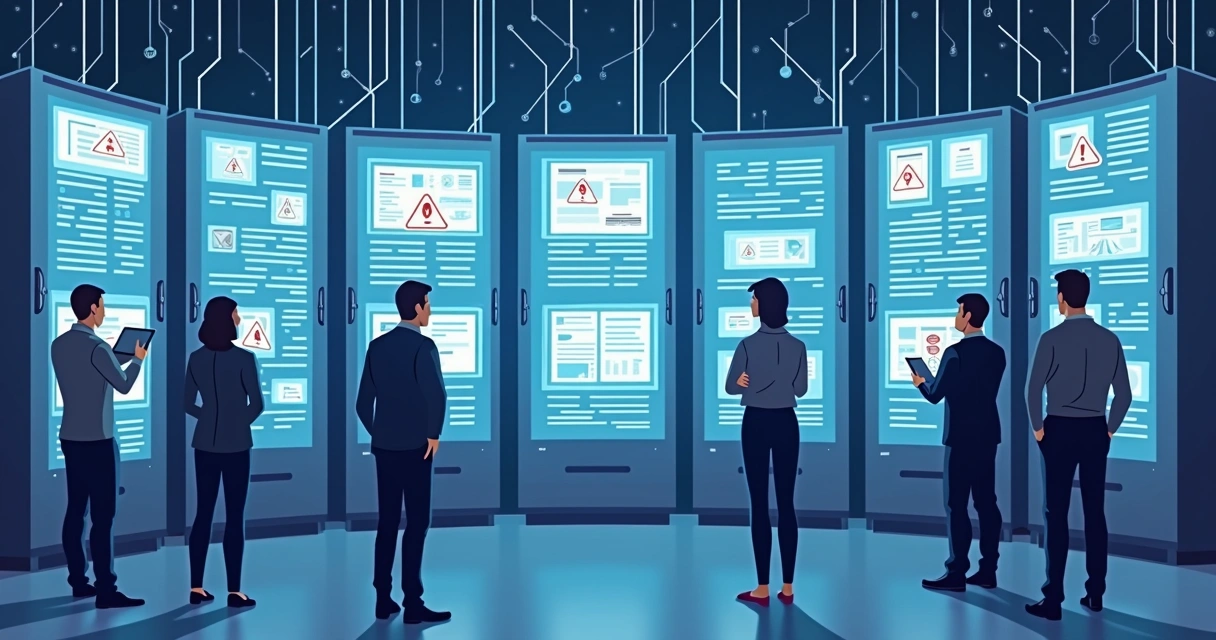 Equipe em sala de servidores analisando dados em telas