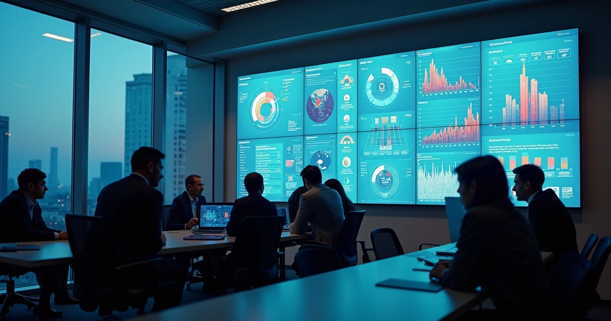 Funcionários em sombra diante de painéis de dados focados em clientes 