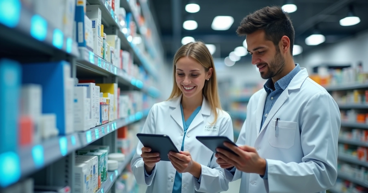 Funcionários sorrindo em farmácia com tablets na mão 