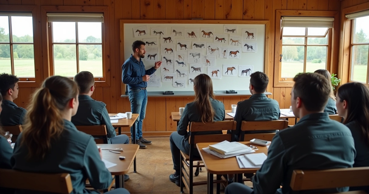 Equipe de funcionários de haras participando de treinamento presencial