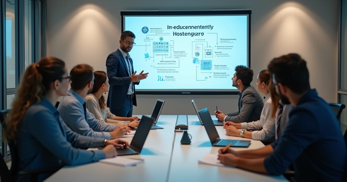 Funcionários em treinamento sobre segurança de TI com instrutor 