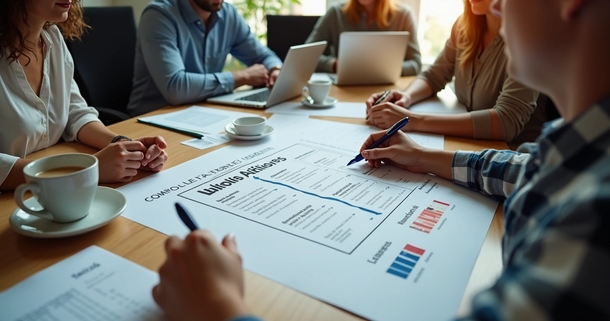 Equipe reunida em sala analisando funcionograma impresso 