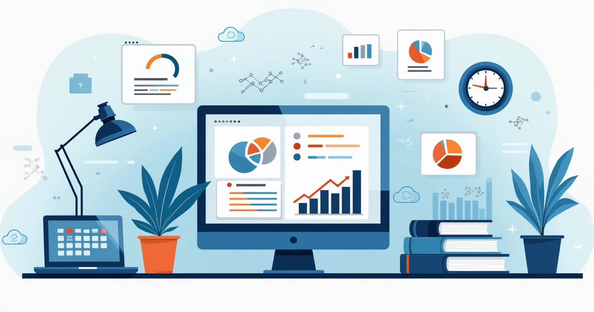 Ilustração corporativa plana mostrando telas de computador com gráficos e tabelas de dados filtrados por país 