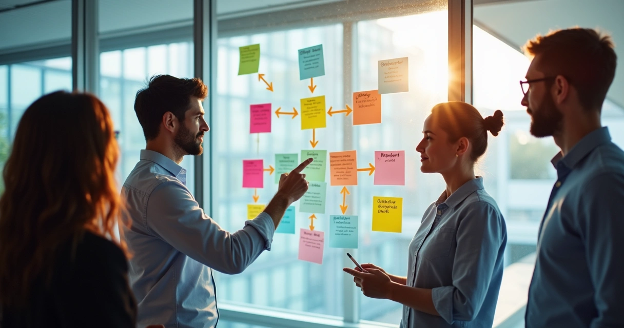 Equipe discutindo funções no quadro de OKRs