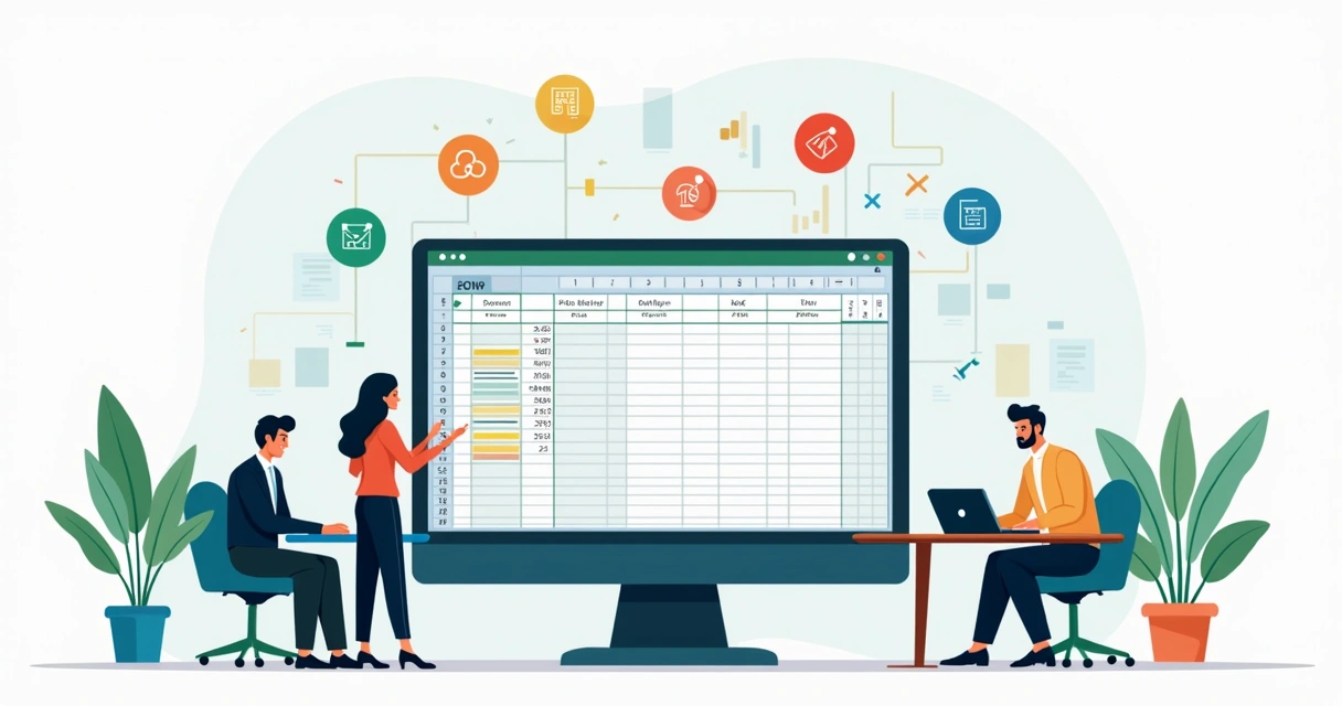 Ilustração corporativa flat mostrando uma tela de computador com planilha do Excel aberta e várias funções destacadas, como SOMA, CONT.VALORES e PROCV, com ícones e gráficos coloridos ao redor e pessoas discutindo dados em ambiente de escritório moderno 