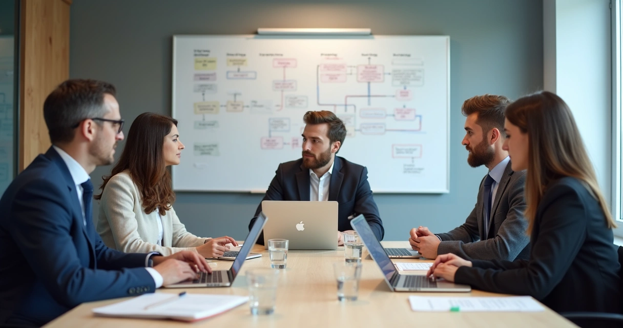 Profissionais de pré-venda sentados ao redor de uma mesa, interagindo com computadores e gráficos, mostrando papéis e fluxos de trabalho. 