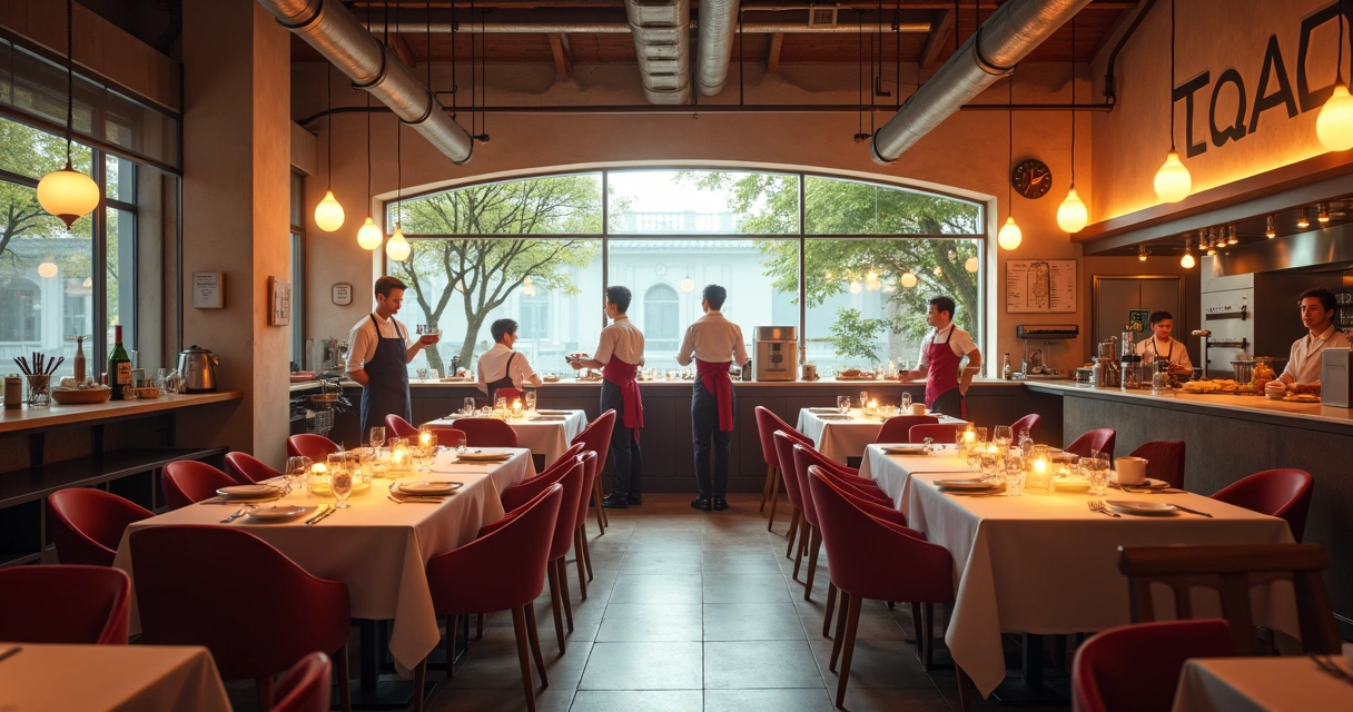 Equipes de restaurante em diferentes funções, como cozinha, salão e recepção 