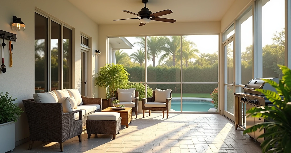Florida lanai with screen enclosure showing multiple functional accessories 