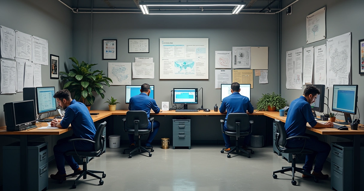 Equipe de manutenção industrial organizando ferramentas e papéis sobre uma bancada, ambiente de oficina e quadros na parede 