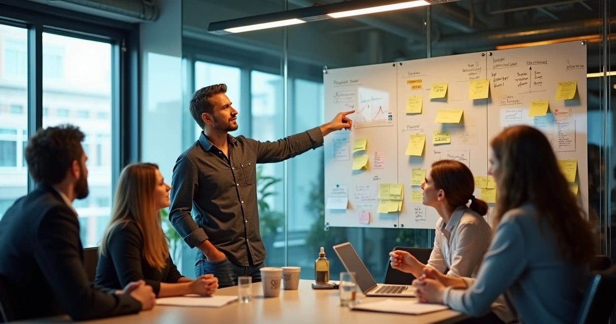 Fundador apontando direção em reunião de negócios 