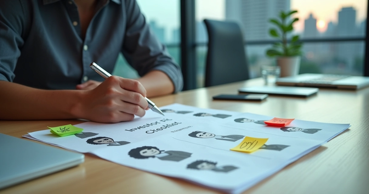 Fundador observando conjunto de fichas de investidores com anotações de avaliação 