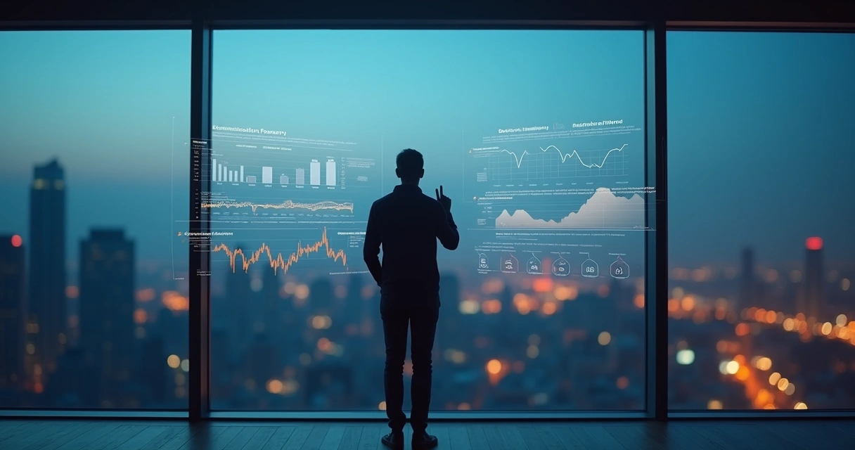 Fundador sozinho observando indicadores de startup em telas transparentes 