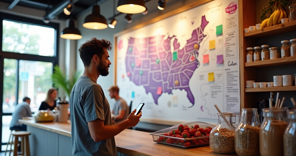 Fundador de cafeteria de açaí olhando mural com mapa de expansão de franquias 