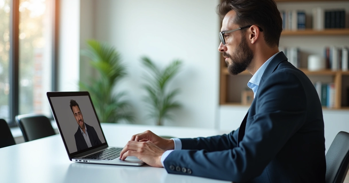 Fundador de empresa usando notebook moderno com perfil do LinkedIn aberto, em escritório elegante com ambiente claro e plantas 