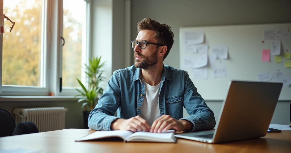 Fundador sentado à mesa de reunião, falando para equipe enquanto escreve em notebook 