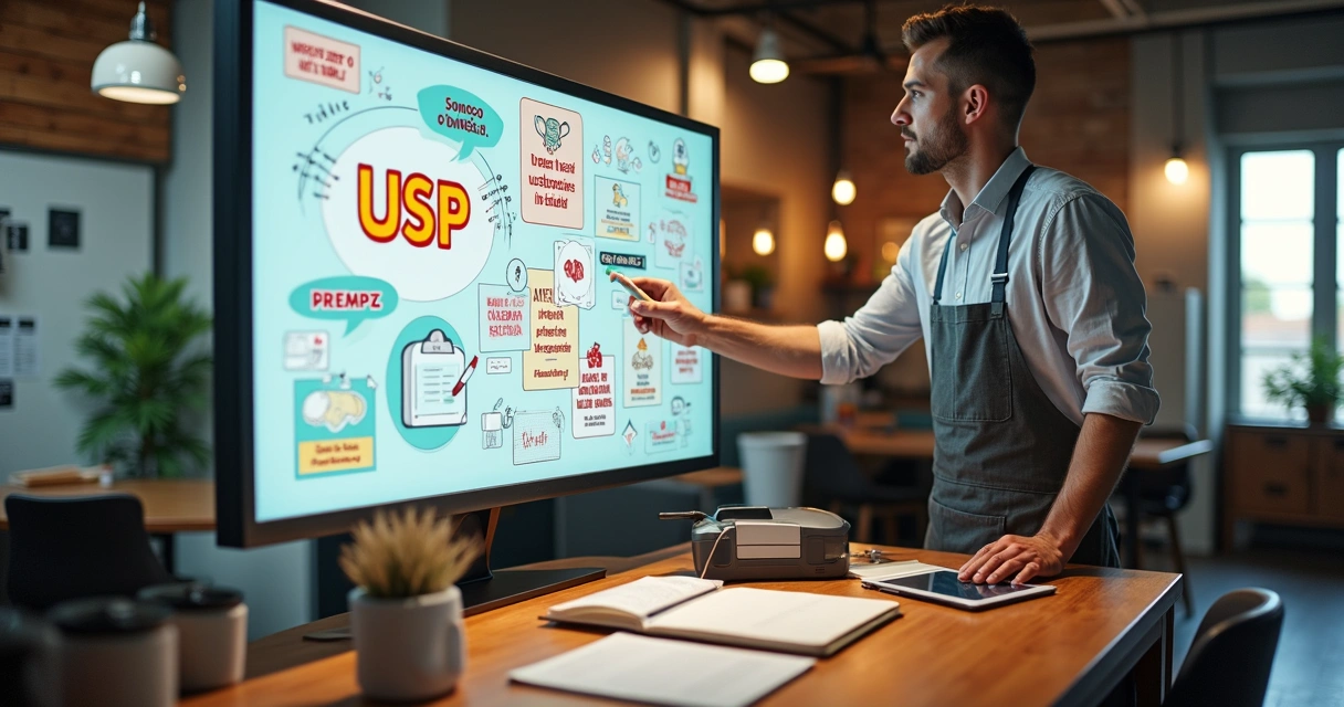 Fundador apontando para mural colorido de marca com USP em destaque 
