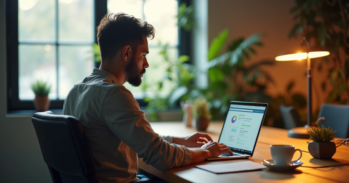 Fundador e desenvolvedor usando notebook em espaço de coworking