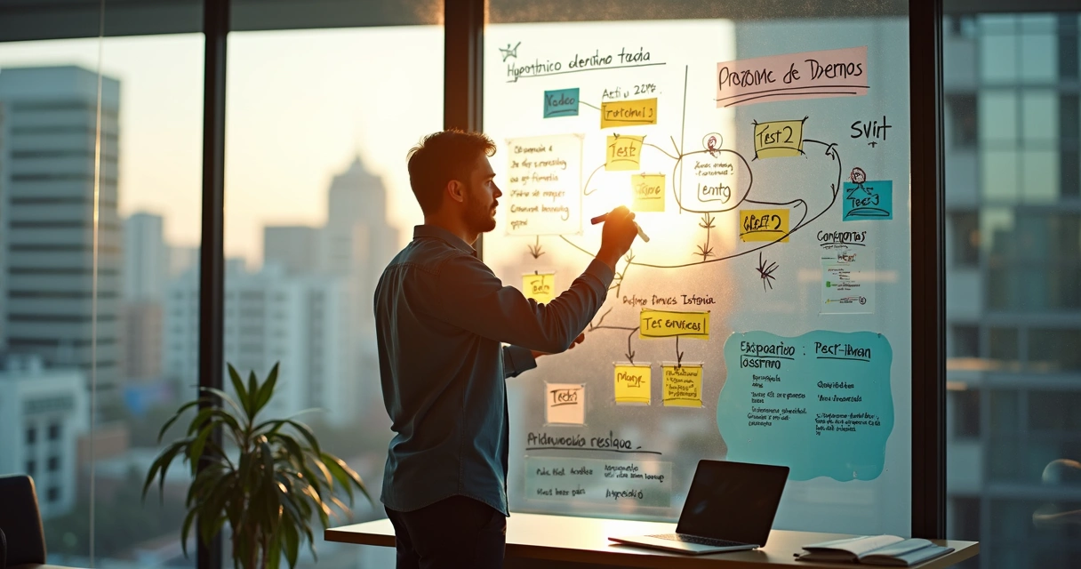 Empreendedor atualiza diário de aprendizados em quadro de vidro 