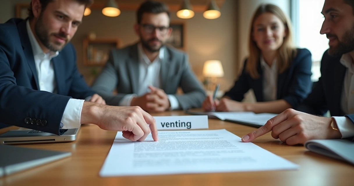 Pessoa apontando para um contrato sobre a mesa, com outros fundadores ao redor