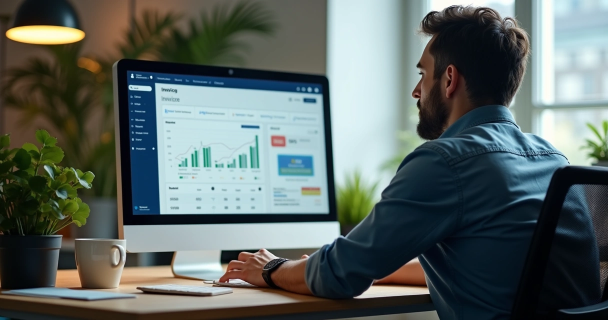 Startup founder em frente ao computador, emitindo notas fiscais online