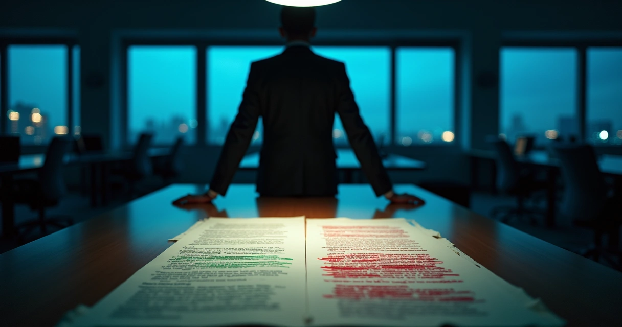 Fundador de startup em sala escura equilibrando ficha de termos de investimento tensa 