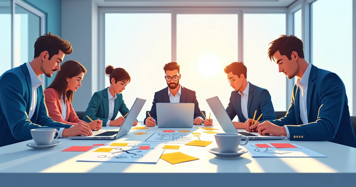 Fundador de SaaS discutindo projeto com equipe de desenvolvimento ao redor de uma mesa 